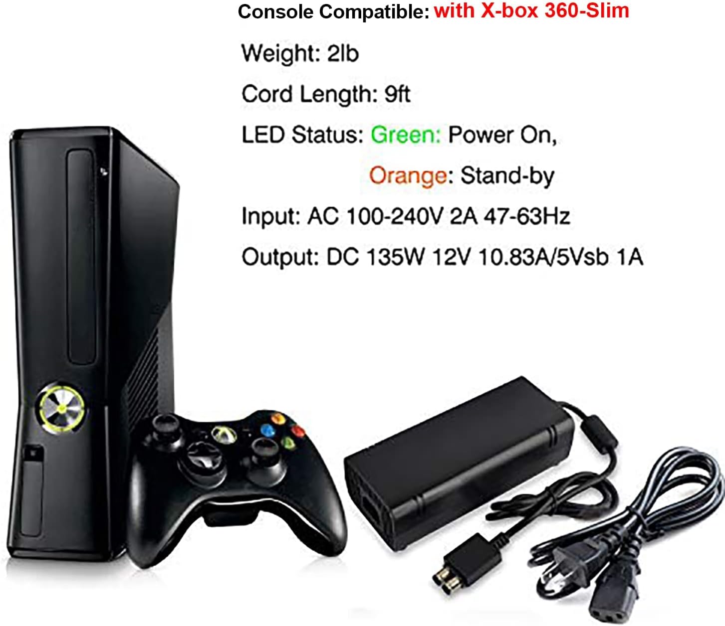 Power Supply for Xbox 360 Slim AC Adapter, Non-OEM Replacement, Global Voltage, LED Indicator, 135W, 12V-10.83A