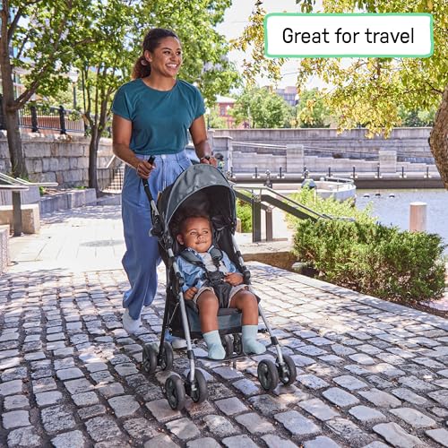 Ingenuity 3D Mini Convenience Stroller – Lightweight Stroller with Compact Fold, Multi-Position Recline, Canopy with Pop Out Sun Visor – Umbrella Stroller for Travel & More, Blue/Black