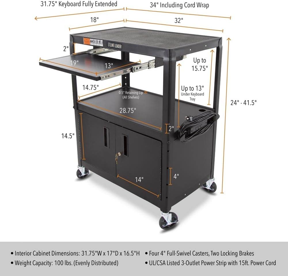 Line Leader AV Cart w/Locking Cabinet, Black Metal Utility Cart with Storage Shelf - Height Adjustable, Mobile and Great for Offices, Classrooms, Libraries (Black, 24in x 18in)