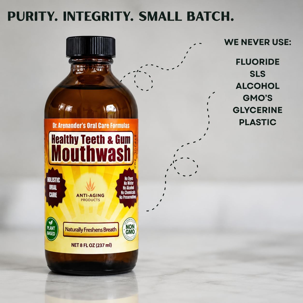 Healthy Teeth & Gum Mouthwash 8 fl oz, Herbal Oral Rinse for Fresh Breath | Organic, alcohol- & fluoride-free, non-GMO; supports healthy gums & enamel
