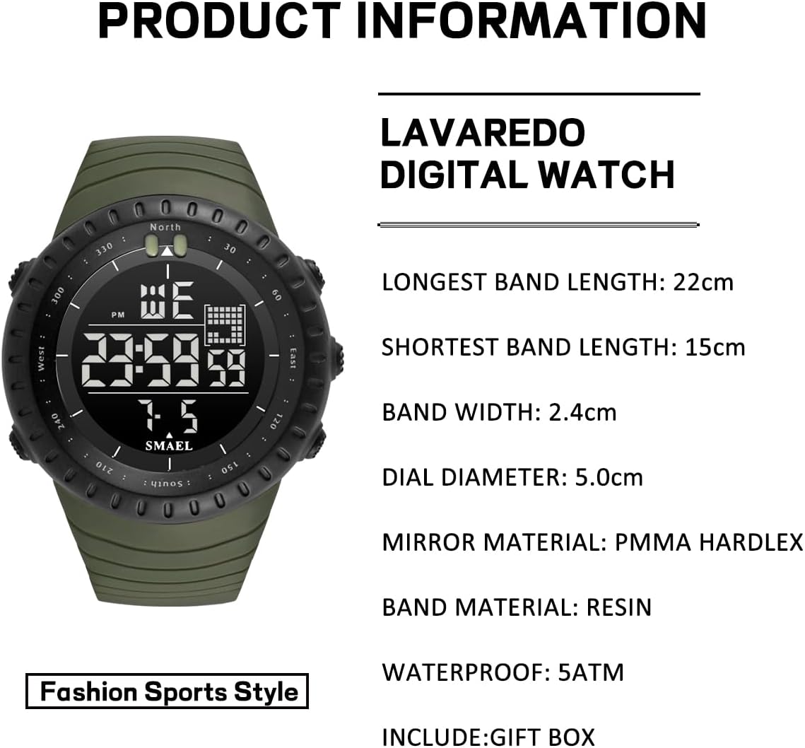 L LAVAREDO Mens Digital Watch Sports Military Watches Waterproof Outdoor Chronograph Wrist Watches for Men with LED Back Ligh/Alarm/Date
