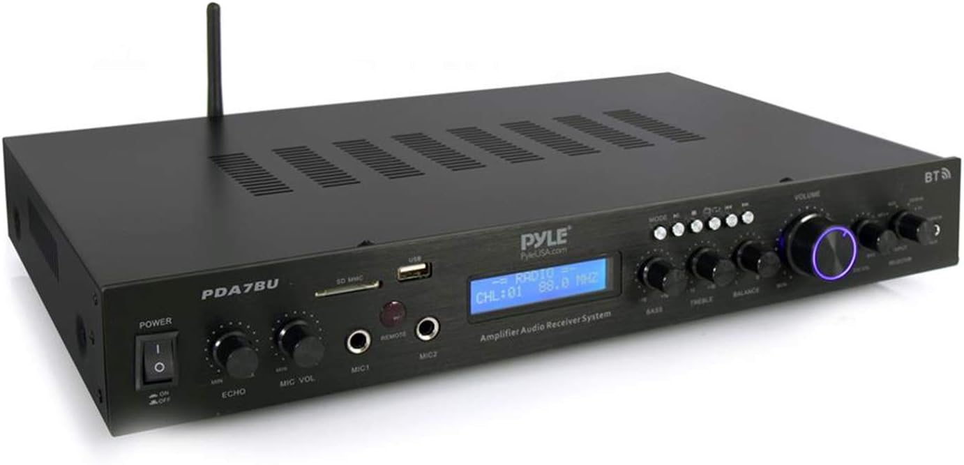 Pyle Bluetooth Home Theater Amplifier - 200 Watts into 5 Channels with Subwoofer Out, Easy Karaoke - Dual Mic, Wireless Streaming