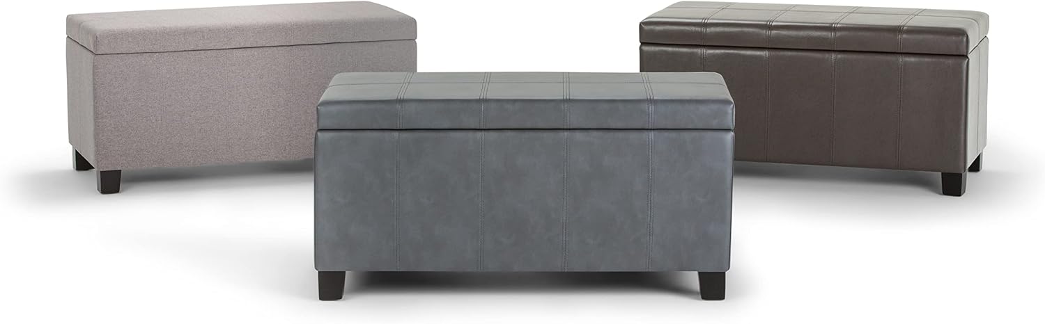 SIMPLIHOME Dover 36" Wide Vegan Leather Storage Ottoman in Midnight Black | Distressed umber brown, contemporary ottoman with lift-top and safety hinges; rectangle storage bench for living room.