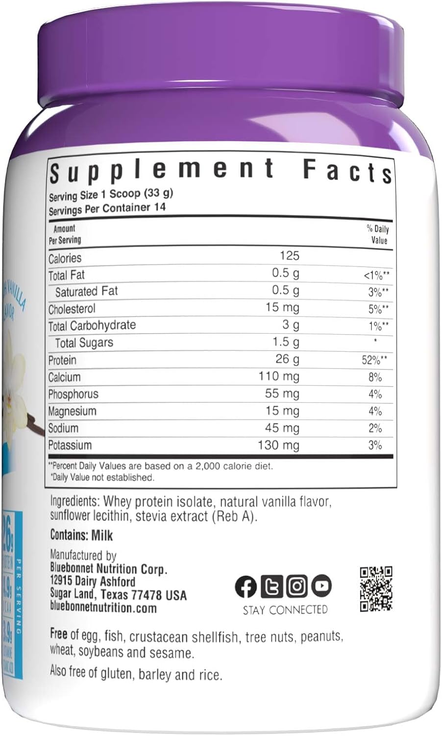 Bluebonnet Nutrition Whey Protein Isolate Powder, Whey from Grass Fed Cows, 26 Grams of Protein, No Sugar Added, Gluten Free, Soy Free, Kosher Dairy, 2.2 lbs, 32 Servings, Original Unflavored | Kosher