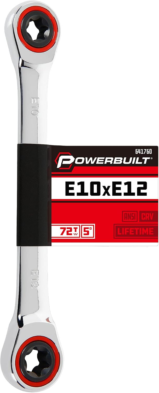 Powerbuilt E10/E12 Ratcheting Double Box-End E-Torx E-Star Wrench, 72-Tooth Ratcheting Wrench with 5-Degree Swing for Tight Spaces - 641760