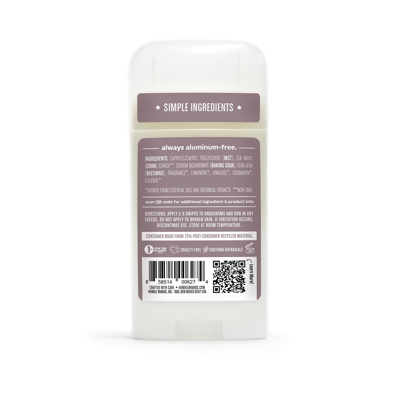 Humble Aluminum-Free Deodorant, Simply Unscented - 1 Pack | Baking Soda-Free, Clean, Fresh, Natural, Essential Oils, Sensitive Skin, Long-Lasting Odor Control, Cruelty-Free, Men & Women