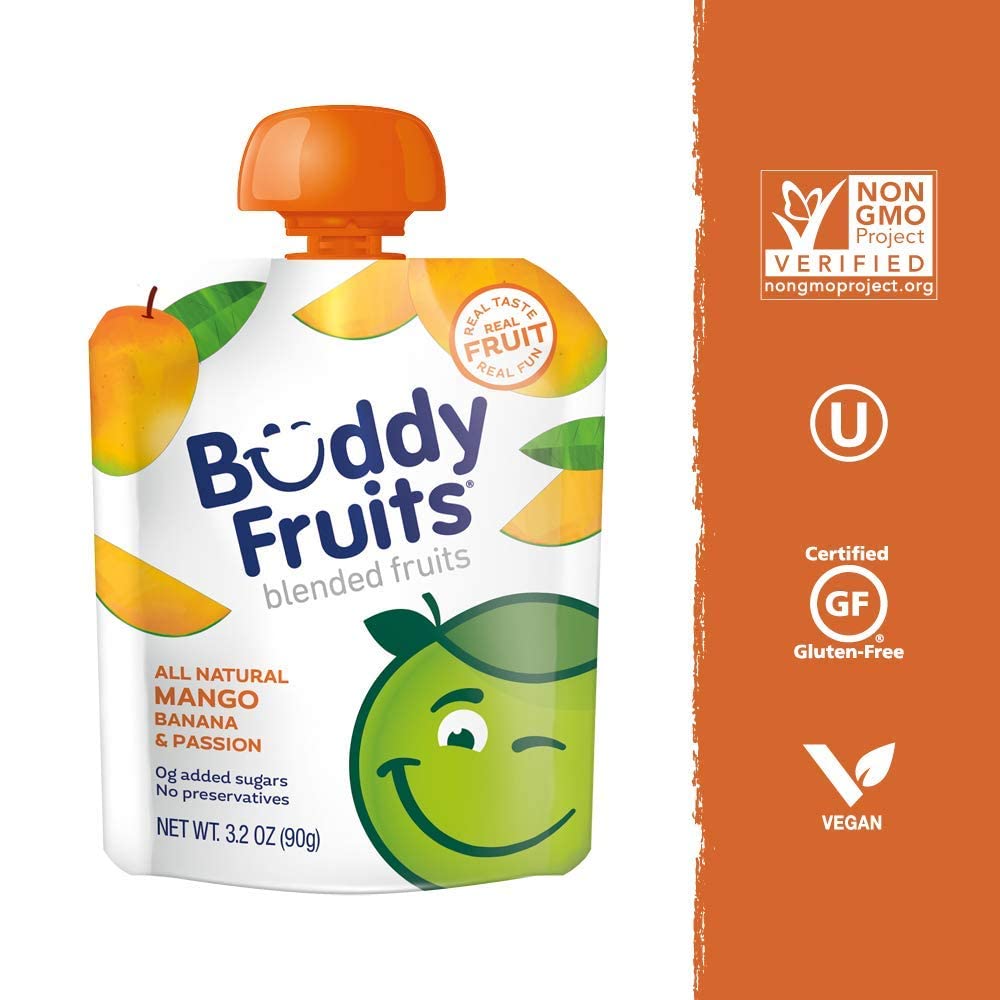 Buddy Fruits Snacks To Go Multifruit Unsweetened Applesauce 3.2oz Pouch (18pk) Gluten-Nut-Dairy-Preservatives-BPA Free, Non GMO, Kosher