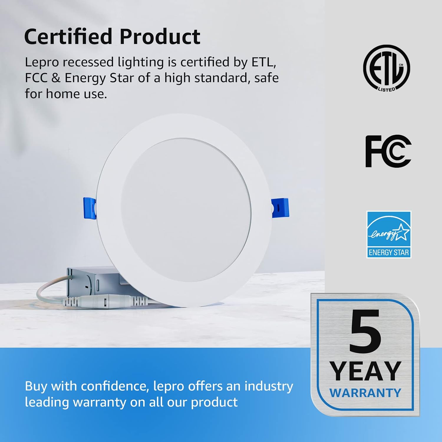 Lepro 6 Pack 6 Inch LED Recessed Ceiling Light with Junction Box, 5000 Kelvin Daylight Wafer Ultra-Thin, 1050 Lumen Dimmable Retrofit Downlight