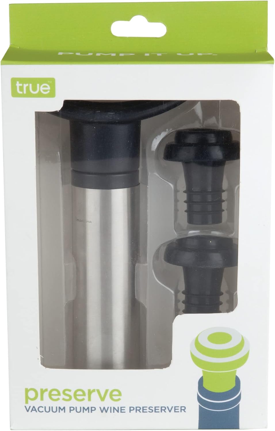 True Preserve Wine Savers Vacuum Pump with Two Wine Stoppers, Wine Accessories for Wine Lovers, 3 Piece Set, Black and Metallic