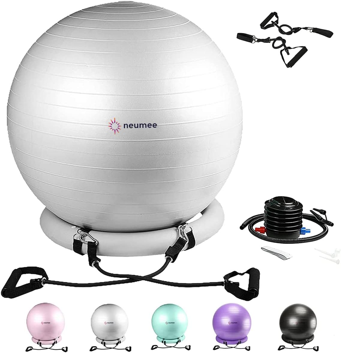 Yoga Ball Chair with 65cm Exercise Ball & 2 Resistance Bands, Stability Base for Home Office, Yoga, Pilates & Fitness, Balance Ball for Posture