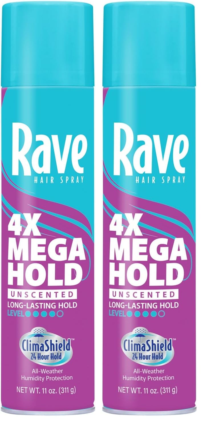 rave 4X Mega Unscented Aerosol Hairspray - Hair Spray for High Humidity Weather - 24-Hour Lasting Hold - Vitamin-Enhanced Hair Volume Spray - 11 oz