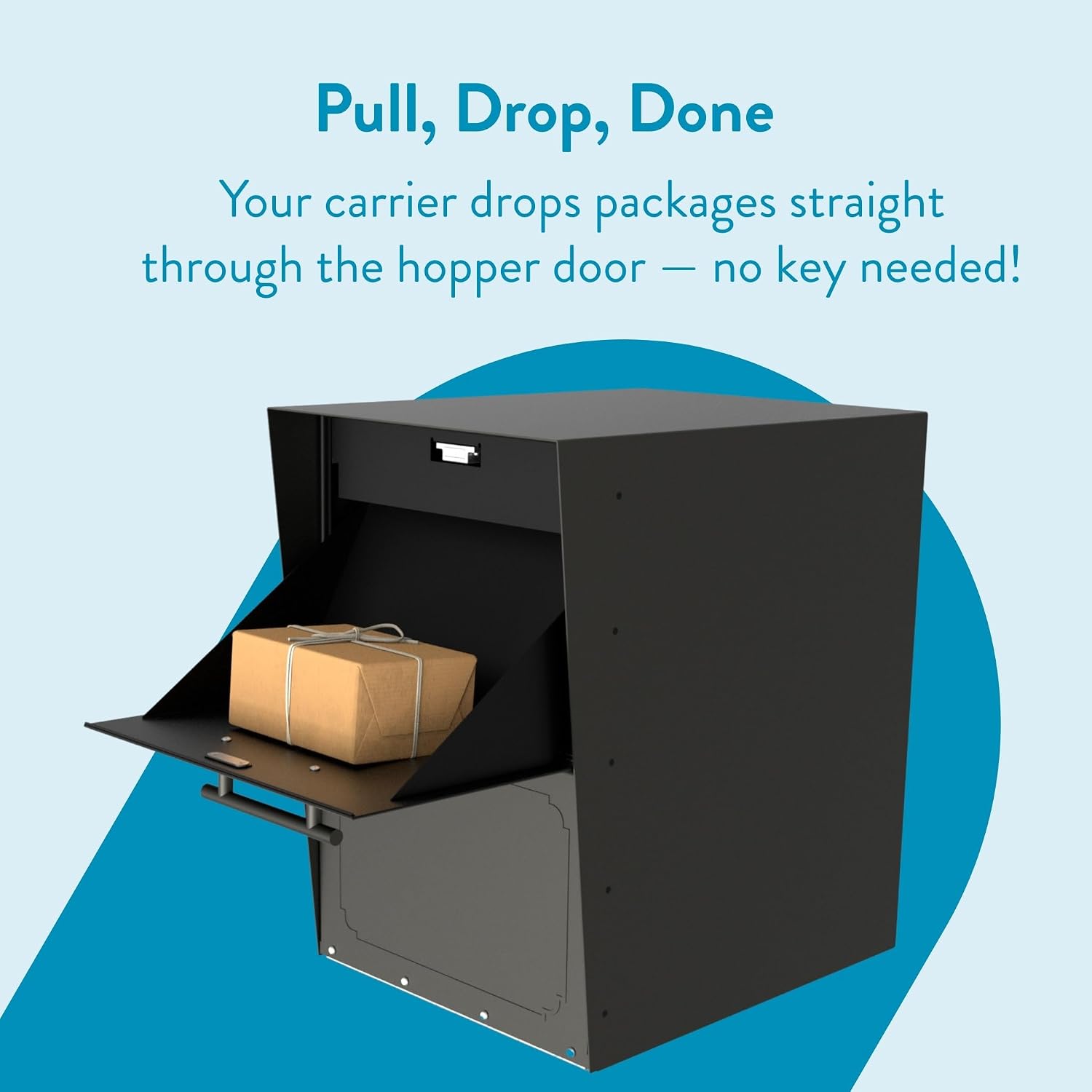 Architectural Mailboxes Oasis Galvanized Steel Package Drop Box, Black, XL | Rust-resistant parcel locker with a secure cam lock, an anti-theft hopper door, and a powder-coat finish.