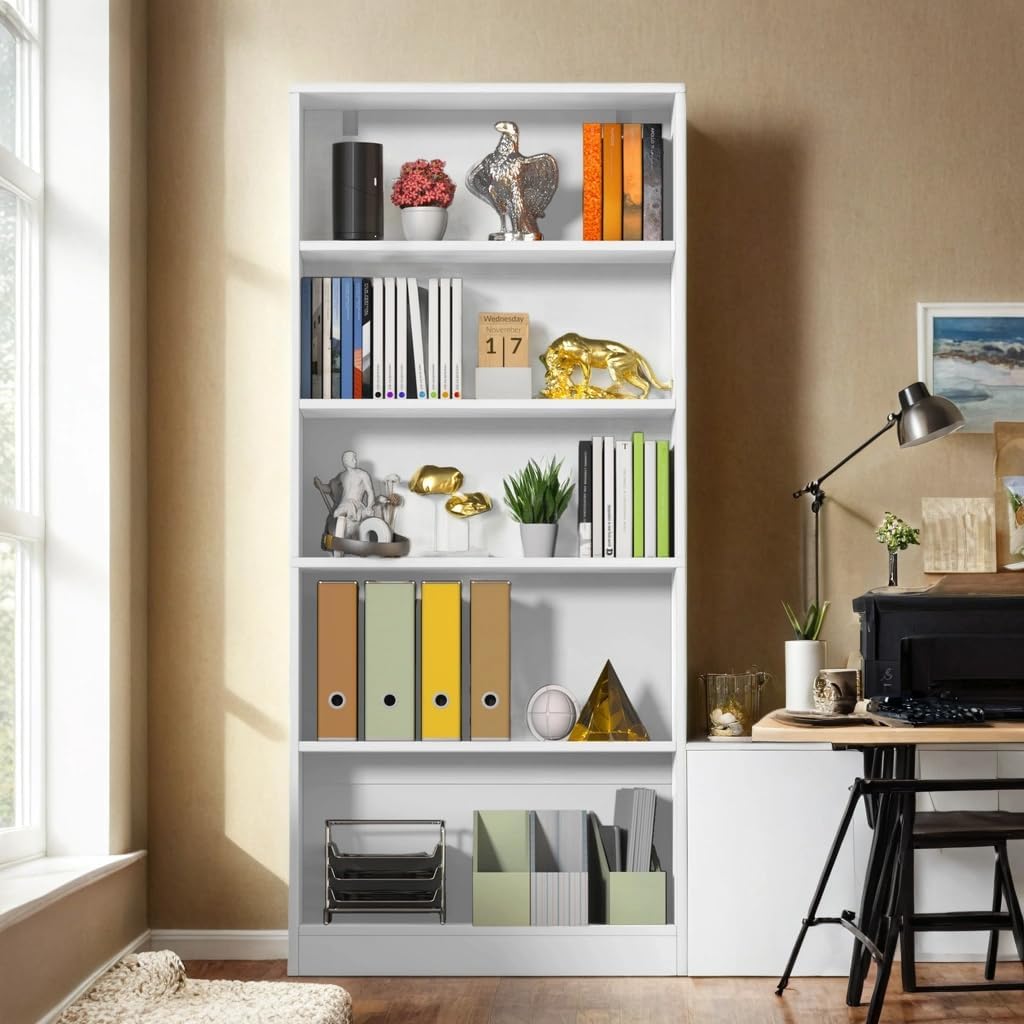 holzart 71" Tall Book Shelf, 5 Tier Large Bookshelf, Standing Wood Display Book Shelf for Living Room, Office, Library with Doors, 31.5" W x 70.87" H x 11.81" D, White