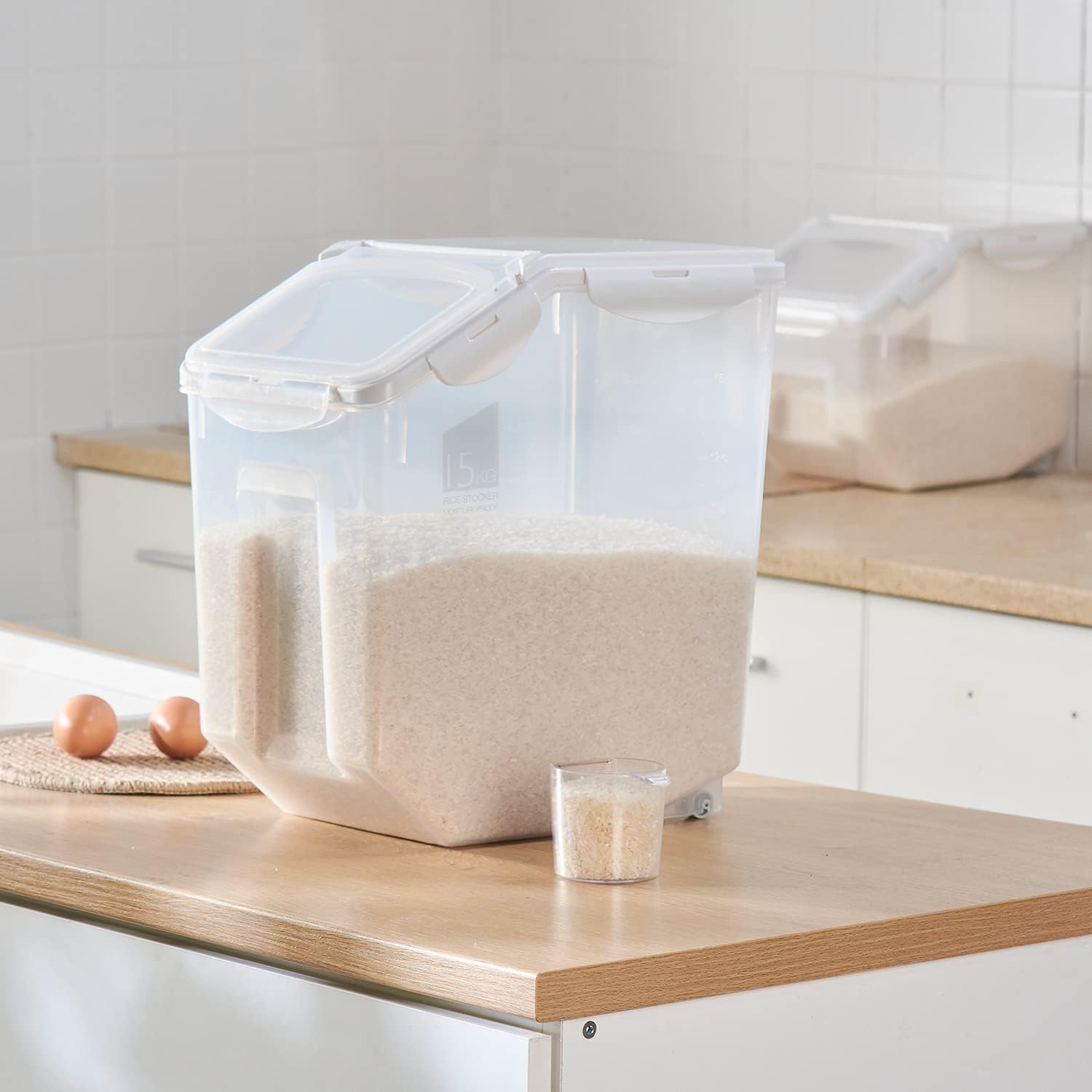 HANAMYA 10 Liter / 20 lbs Rice Storage Container with Measuring Cup, BPA free, For Rice | Grain | Pet Food | Flour, 2 counts, Clear