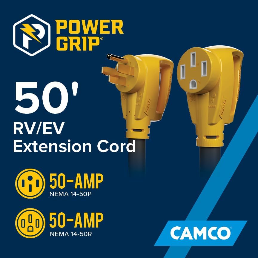Camco Power Grip 25-Ft 50 Amp RV Extension Cord - NEMA 14-50P Male & FSS2-50R Locking Female Connectors - Rated for 125/250 V/12,500 W - Features Copper 6/3 + 8/1-Gauge Wires for Conductivity (55542)