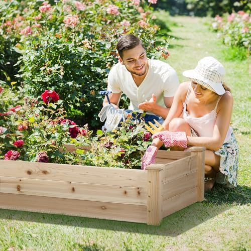 8 Feet Outdoor Wooden Raised Garden Bed, Elevated Planting Planter Box Kit for Vegetables Fruits Grow Yard Gardening, Natural