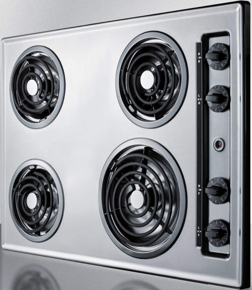 Summit 30" 4 Burner Electric Cooktop, Stainless Steel Look- ZEL05 | 230 Volt Coil Electric Cooktop, Fits 28 3/8" W x 18 5/8" D counter cutouts