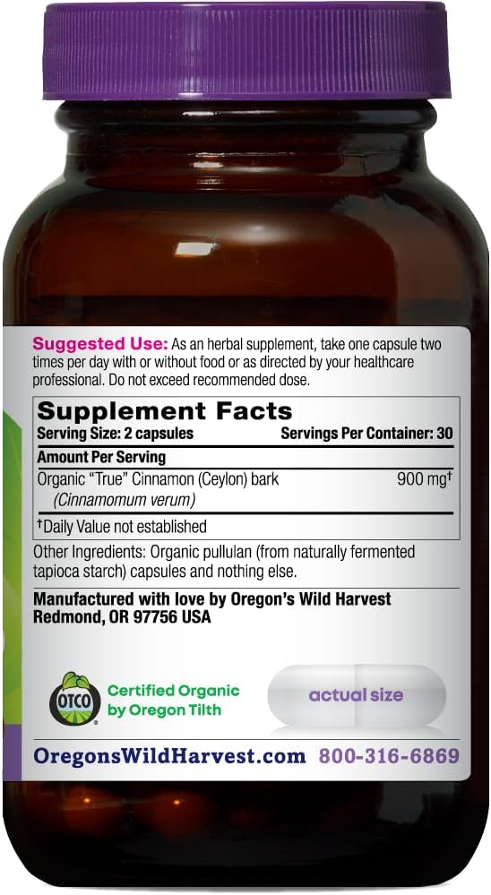 Oregon's Wild Harvest Organic True Cinnamon Ceylon 120 Count Vegan Capsules