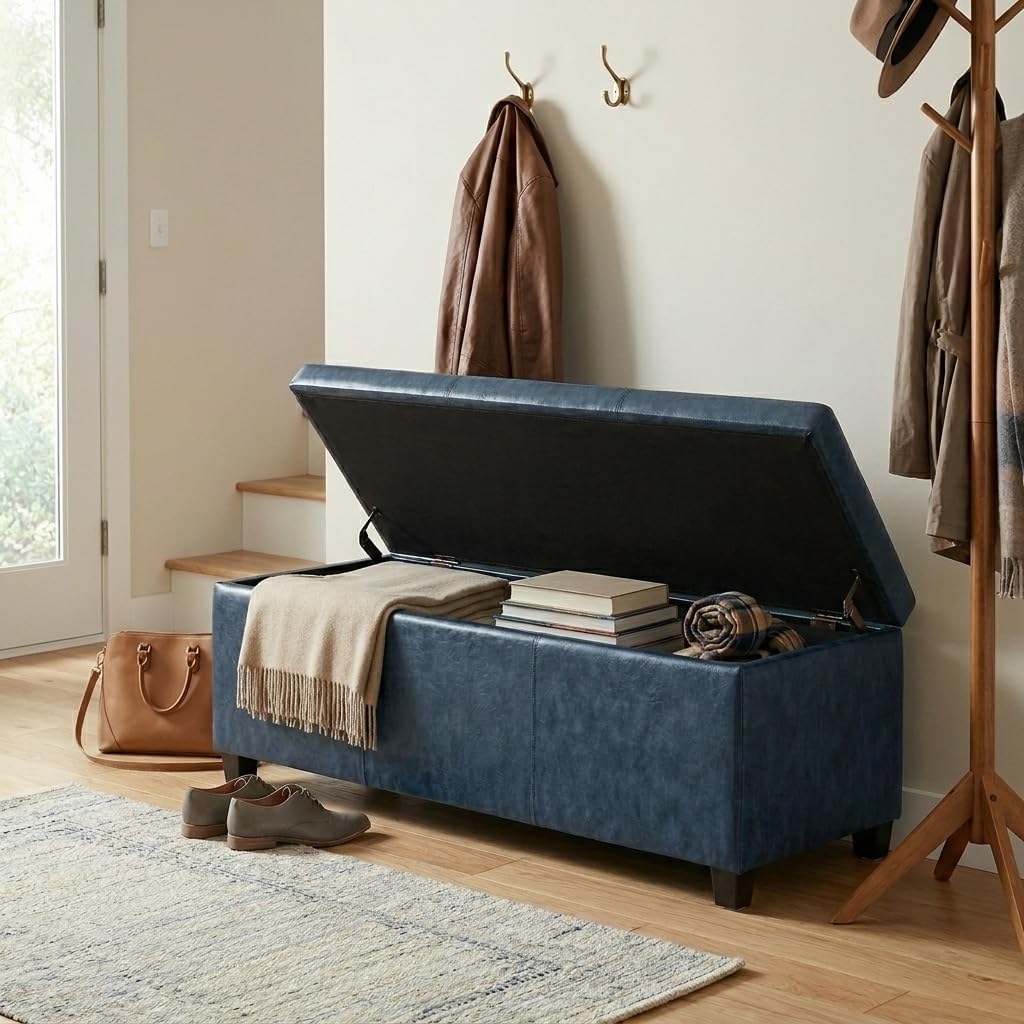 SIMPLIHOME Avalon 48" Wide Vegan Leather Storage Ottoman in Brown