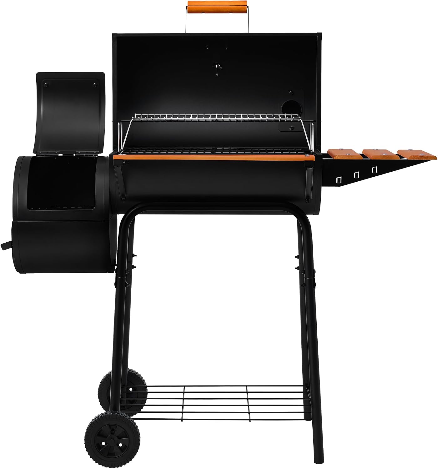 Royal Gourmet CC1624W Barrel Charcoal Grill with Offset Smoker, 552 Sq. In. | Wooden Front and Side Shelf with Hooks, Mesh Bottom Shelf
