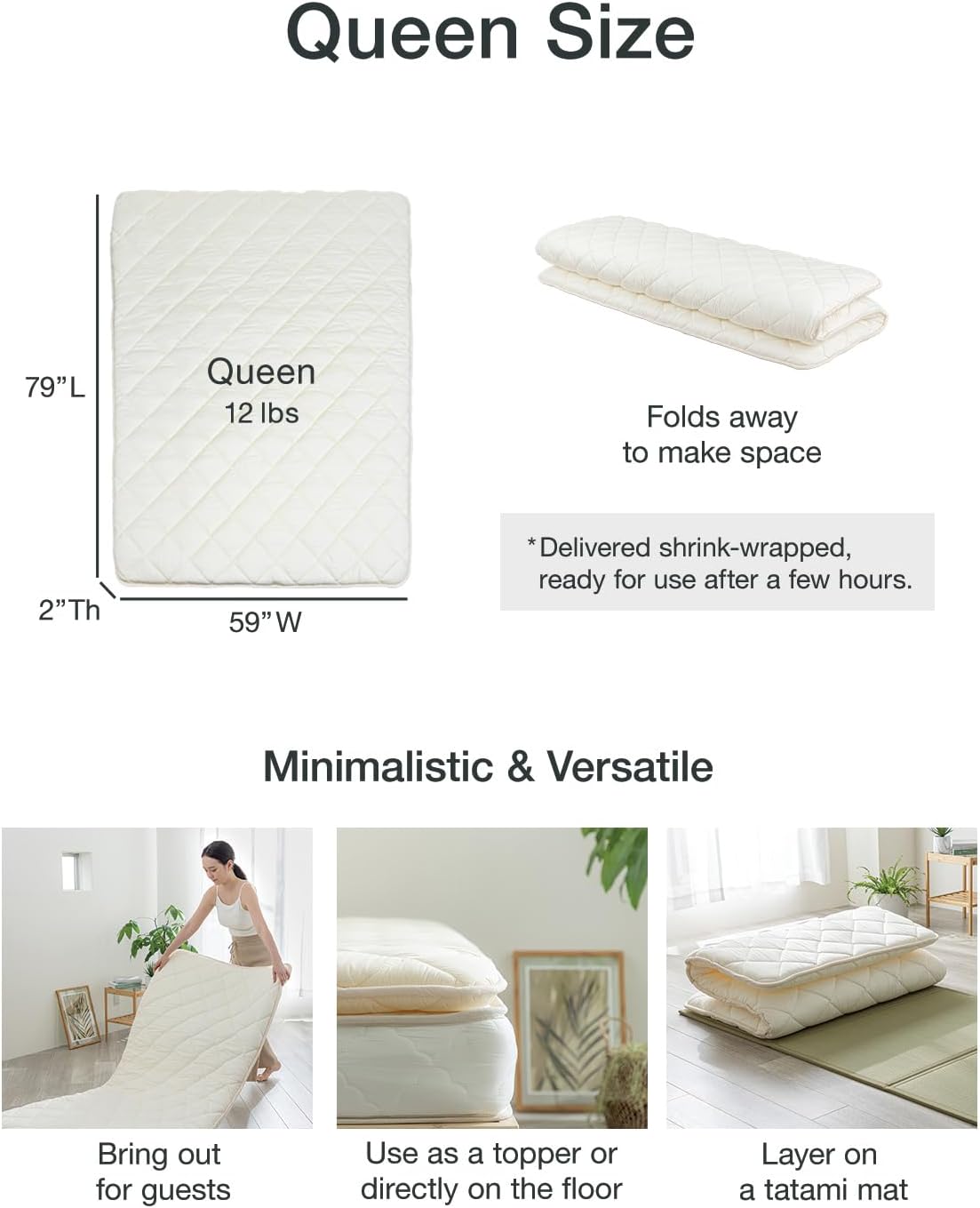 FULI Japanese Futon, Twin XL Size, White - Foldable Shikibuton Floor Bed | Medium Firm Quilted Cotton Sleeping Pad, Portable Roll-Up Japanese Floor Bed for Guests & Small Spaces, 100% cotton surface
