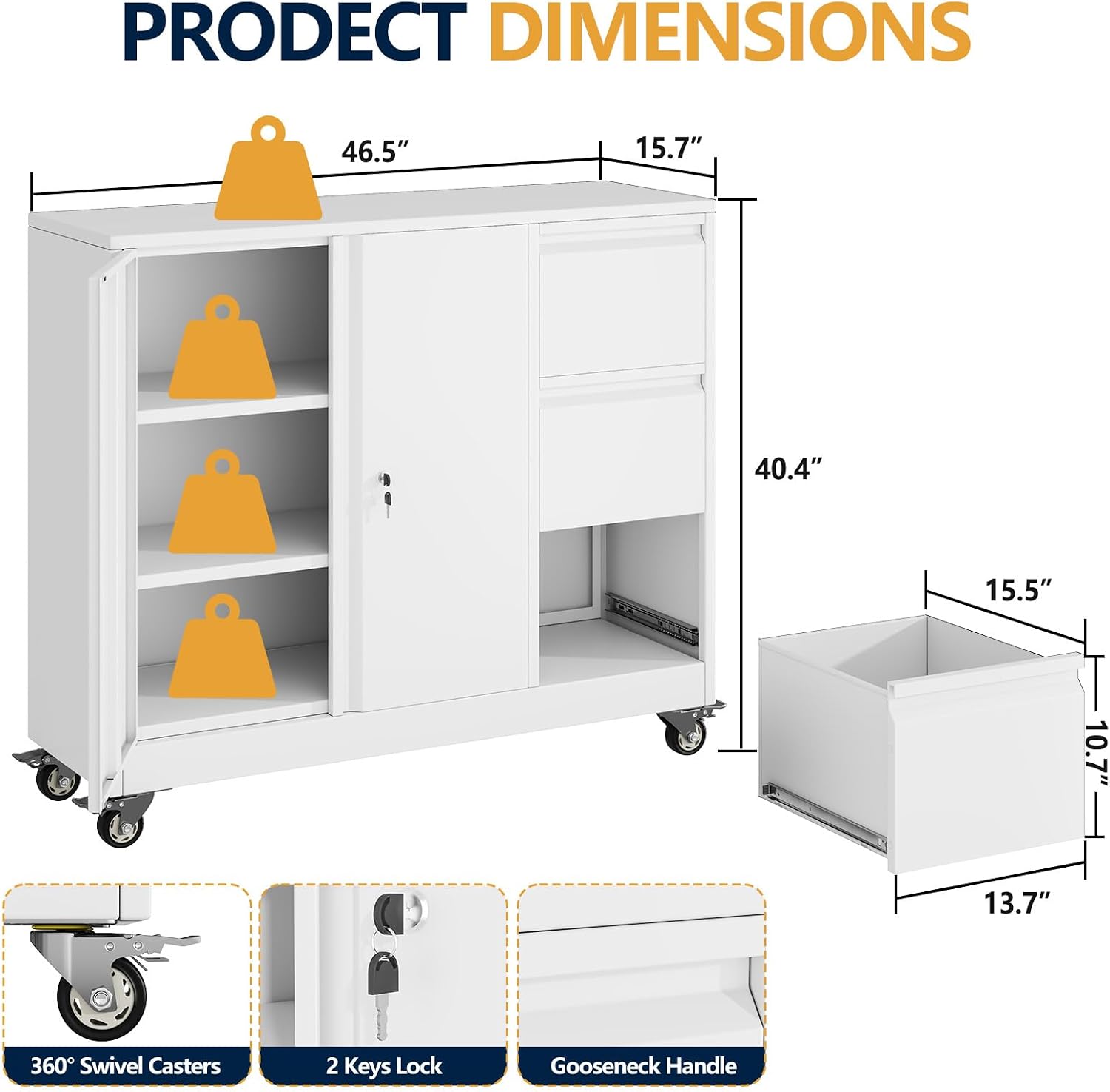 3 Drawer File Cabinet, Office Mobile Filing Cabinet, Printer Stand | All-in-One Office Storage, 3 Storage Drawers, 2 Adjustable Shelves, Lockable Cabinet, 4 Casters, 46.5-Inch Top