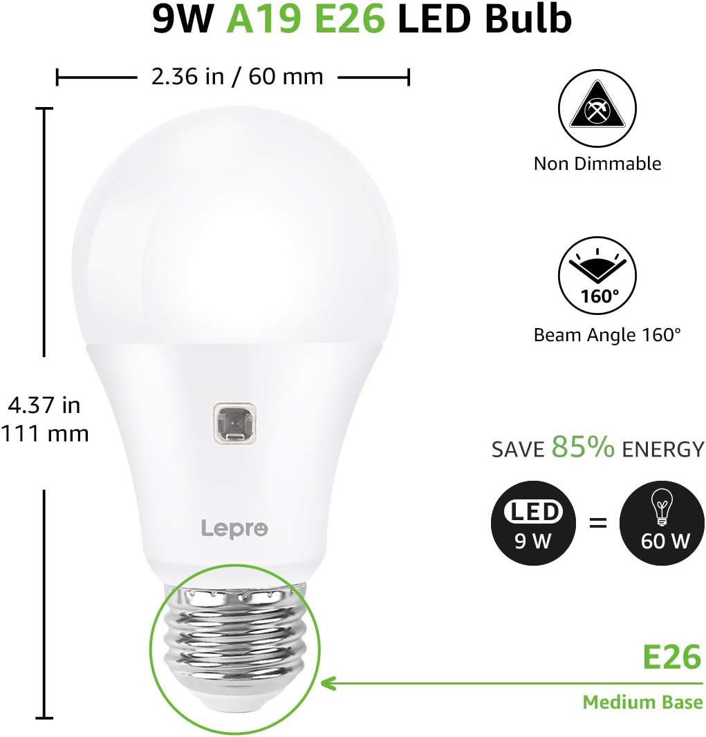 Lepro A19 E26 Dusk to Dawn LED Light Bulbs Outdoor 9W 806 Lumens 2 Pack