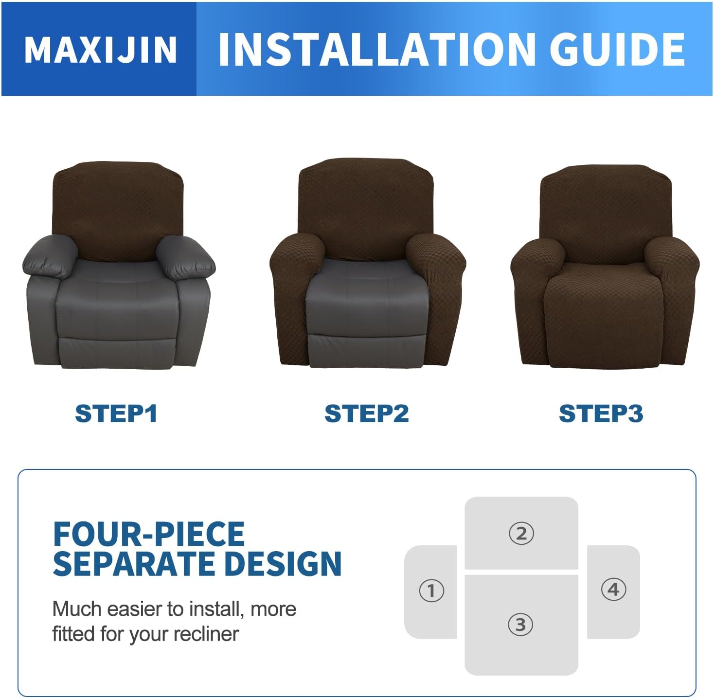 MAXIJIN Latest Recliner Slipcovers for Living Room 4 Pieces Stretch Jacquard Recliner Chair Cover Soft Fitted Recliner Protector with Elastic Bottom