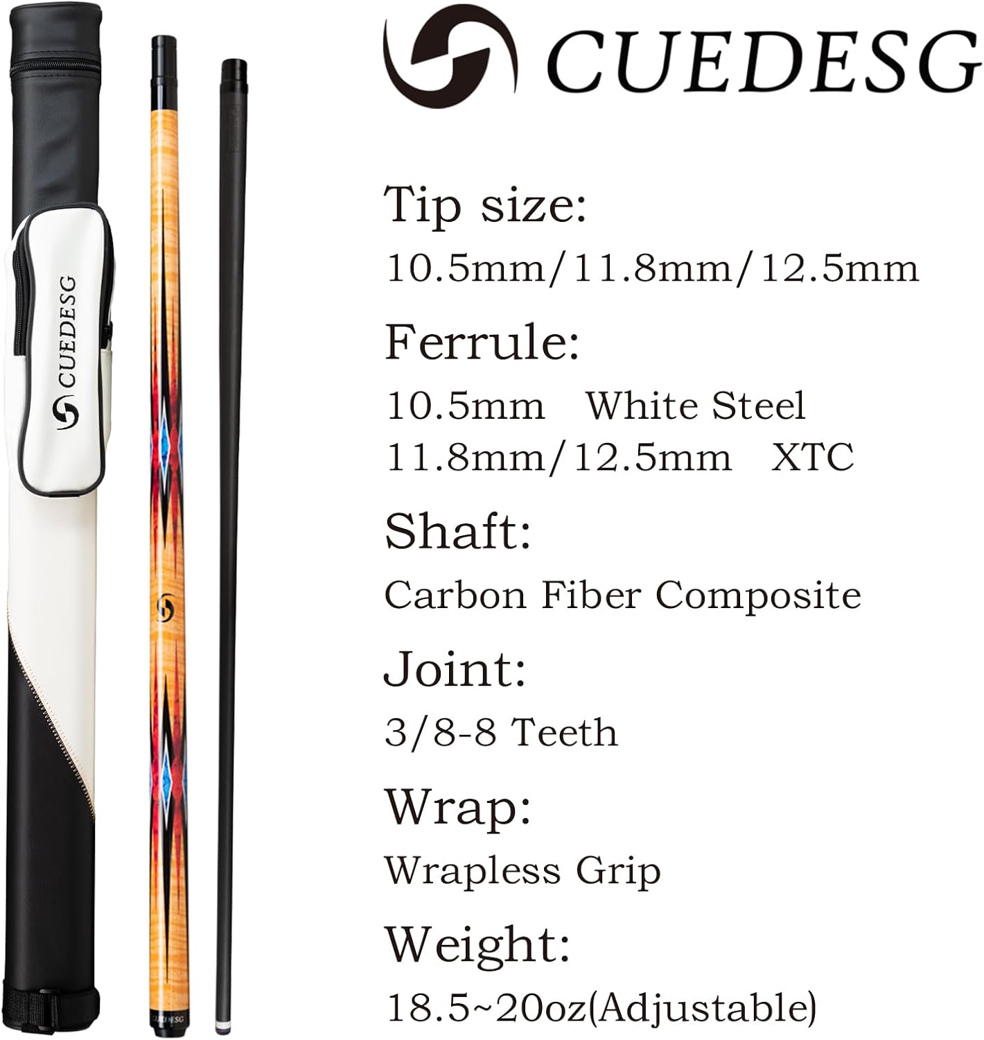 Carbon Fiber Pool Cue Stick 10.5mm/11.8mm/12.5mm,Low Deflection Pool Stick,Professional Cue Stick with Case