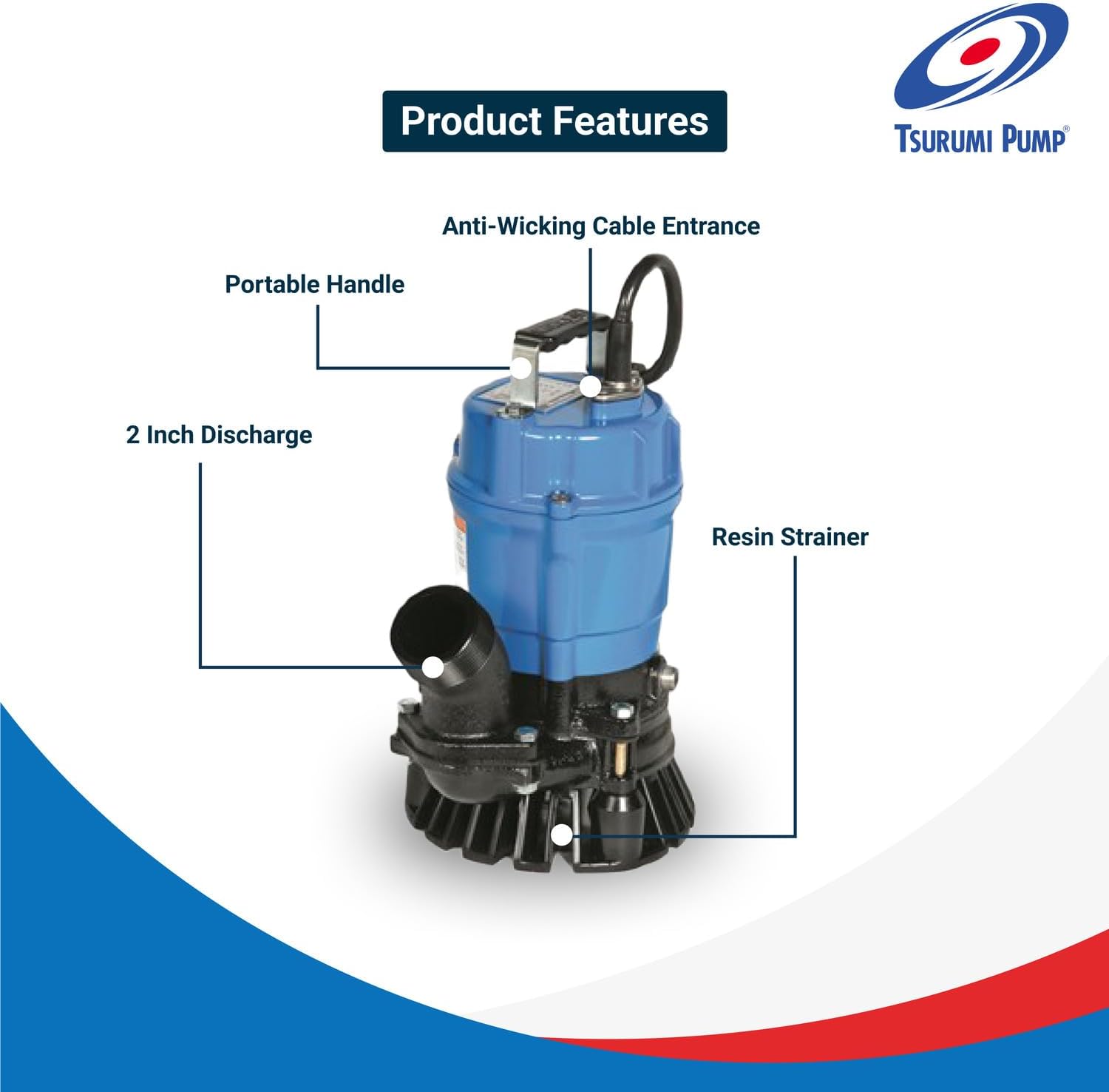 Tsurumi Pump HS2.4S Submersible Trash Pump with Agitator 1/2 HP 115V 2 in Discharge Ideal for dewatering applications with sand, solids