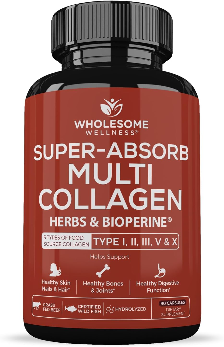 Wholesome Wellness Super-Absorb Multi Collagen Pills (Type I II III V X) Organic Herbs & Bioperine - Hair, Skin