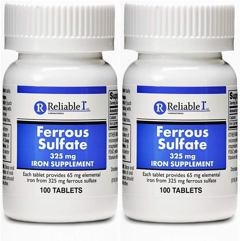 Iron Supplement Ferrous Sulfate 325mg by Reliable 1 | Iron Pills for Women and Men | Iron Supplements for Anemia and Iron Deficiency | 100 Iron Tablets per Bottle