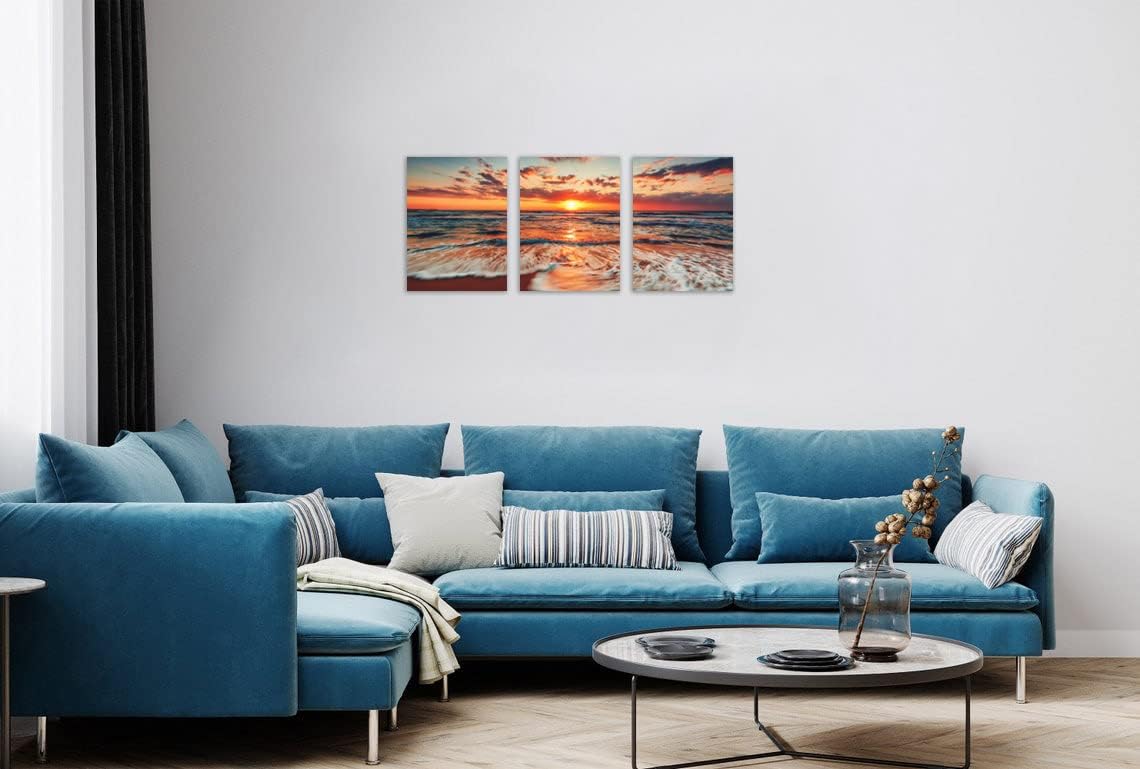 TutuBeer 3 Panel Beach Canvas Wall Art for Home Decor Blue Sea Sunset White Beach Painting the Picture Print on Canvas Seascape the Pictures for Home Decor Decoration,Ready to Hang