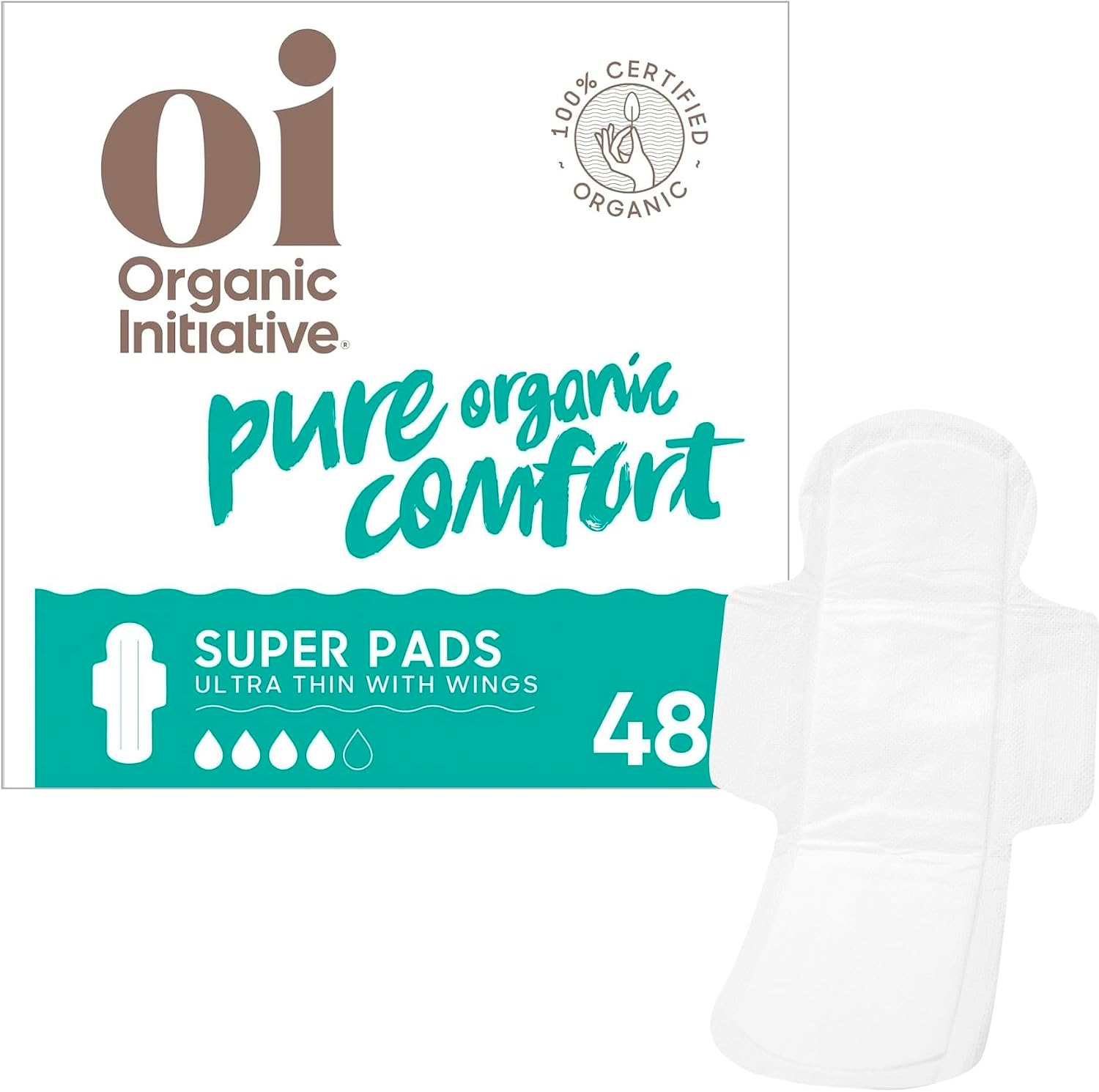 Oi | Organic Initiative - Ultra Thin Pads with Wings, 20 Count (10 Regular/10 Super) | 100% Certified Organic Cotton Pads, Unscented | Leak Free, Biodegradable Thin Pads for Women | Non-GMO, Non Toxic