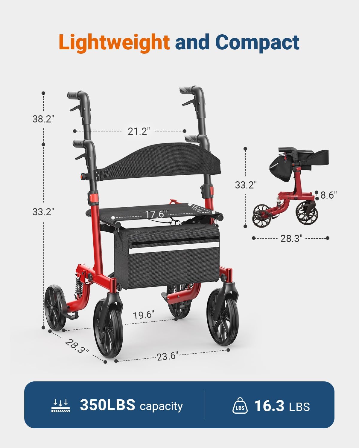 Foldable Rollator Walkers with Seat for Seniors, All Terrain Outdoor（Red | Patented Shock-Absorbing,Tool-Free Adjustment,350 lbs Capacity, 10″ Solid Wheels,16.3lbs Lightweight, Fit 61"-74" Tall User