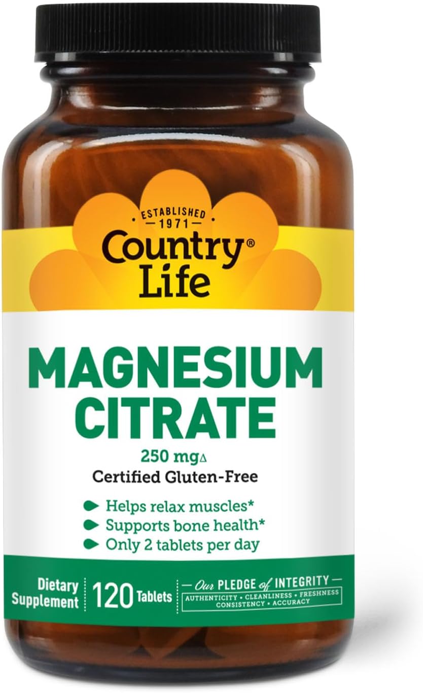 Country Life Magnesium Citrate 250mg - 120 Tablets - Supports Muscle & Nerve Function, Heart Rhythm, Healthy Immune System