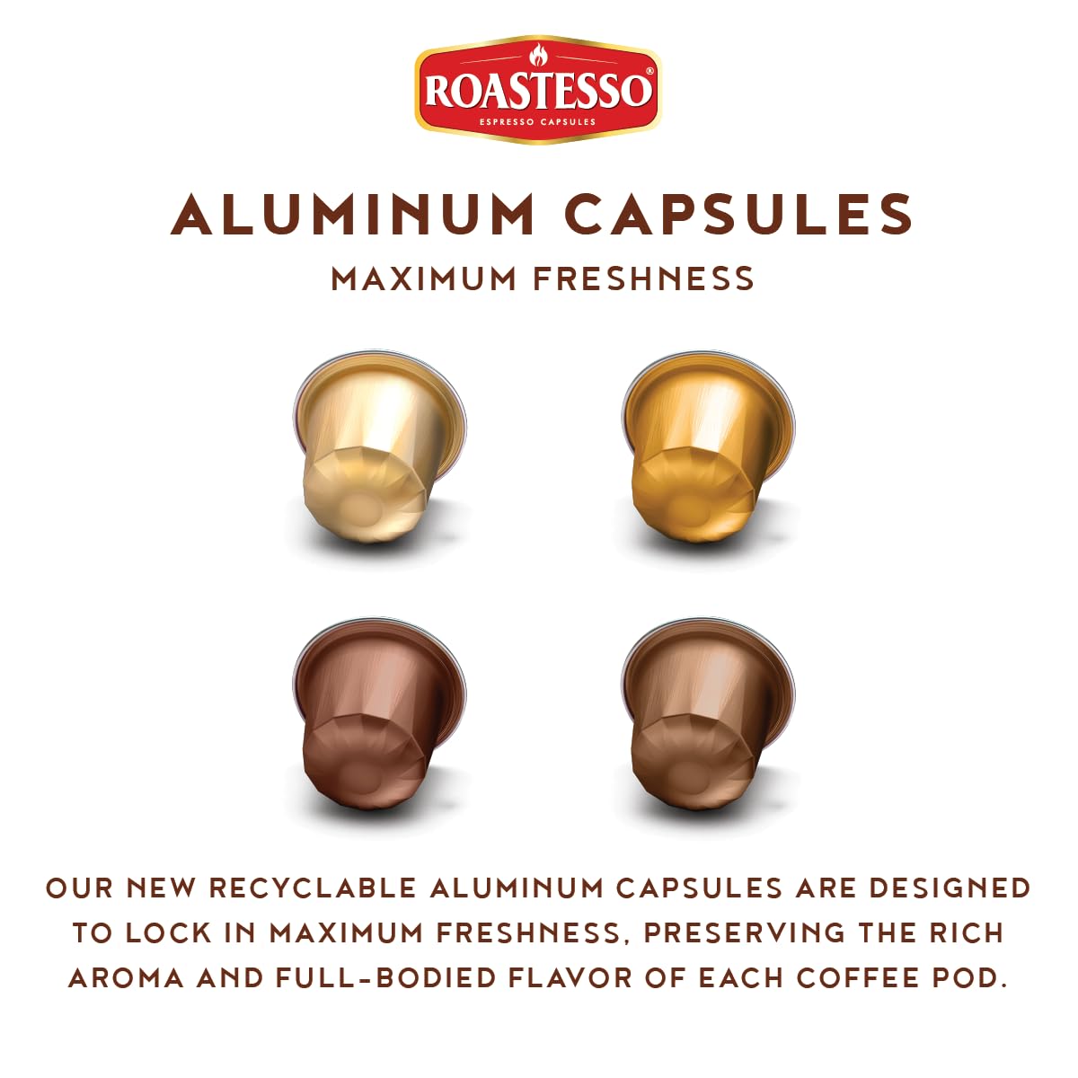 Roastesso, Aluminum Espresso Capsules, Flavors Variety Pack, Natural Flavored Coffee Pods with French Vanilla, Caramel, Chocolate & Hazelnut