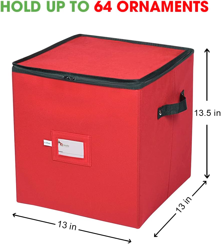 Christmas Ornament Storage Box, 4 Individual Trays Xmas Storage Container, Fits 64 Ornaments Decoration Balls, Constructed of Durable Polyester Material (Red)