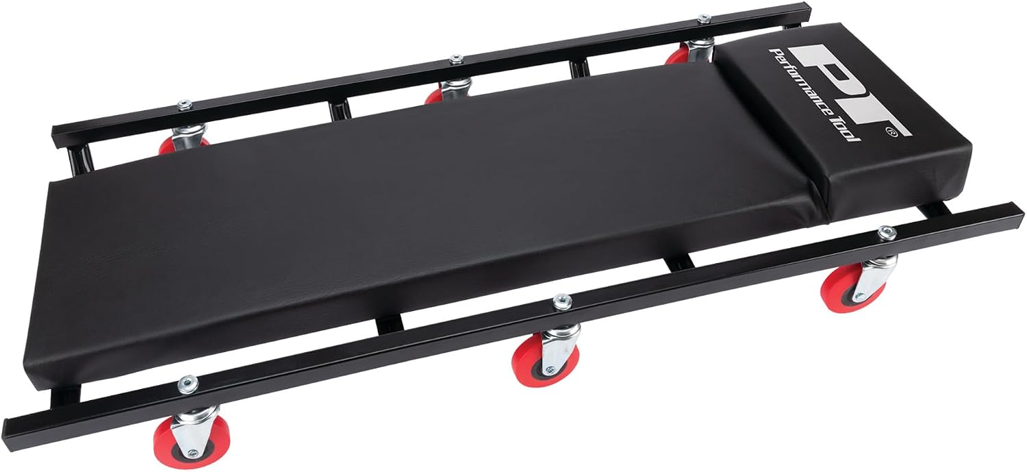 Performance Tool W85014 38 in. Low-Profile Automotive Mechanics Creeper | Oversized x-frame low profile creeper with 2-inch extra cushion padding. 5-inch jumbo swivel casters. 300 lb. capacity