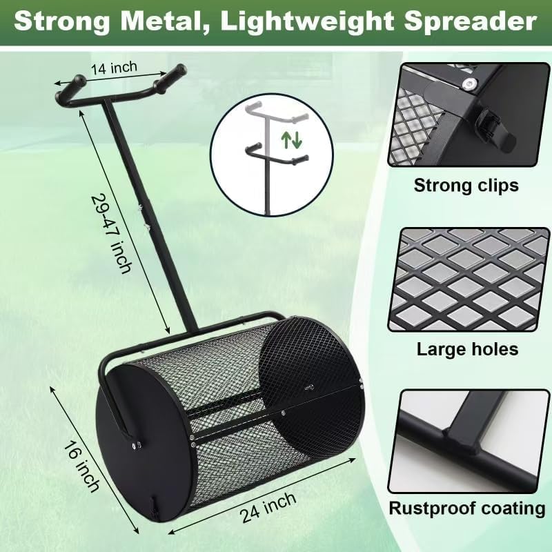 Lilyvane Compost Spreader, 24” Large Peat Moss Spreader with T Shaped Handle, Height Adjustable, Heacy Duty Garden Peat Moss Roller