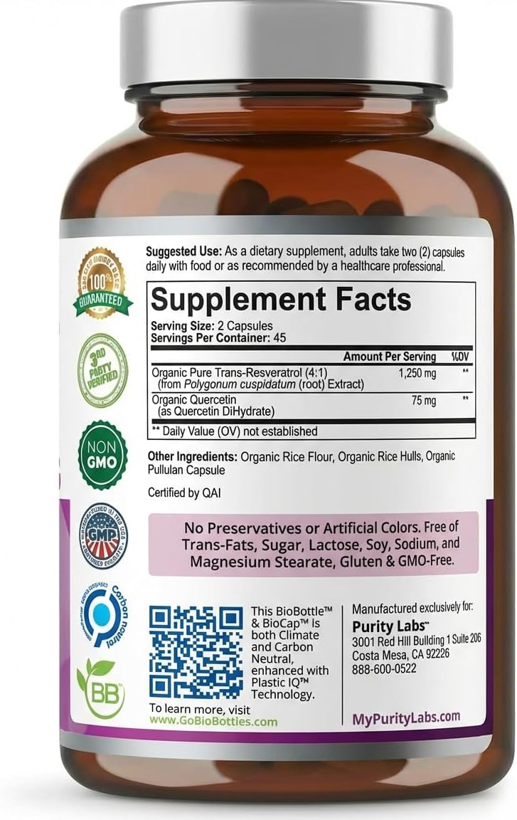 Purity Labs Trans-Resveratrol Supplement 5, 000 mg Equivalent per Serving with Quercetin, USDA Organic High Potency Antioxidant, Vegan Capsules