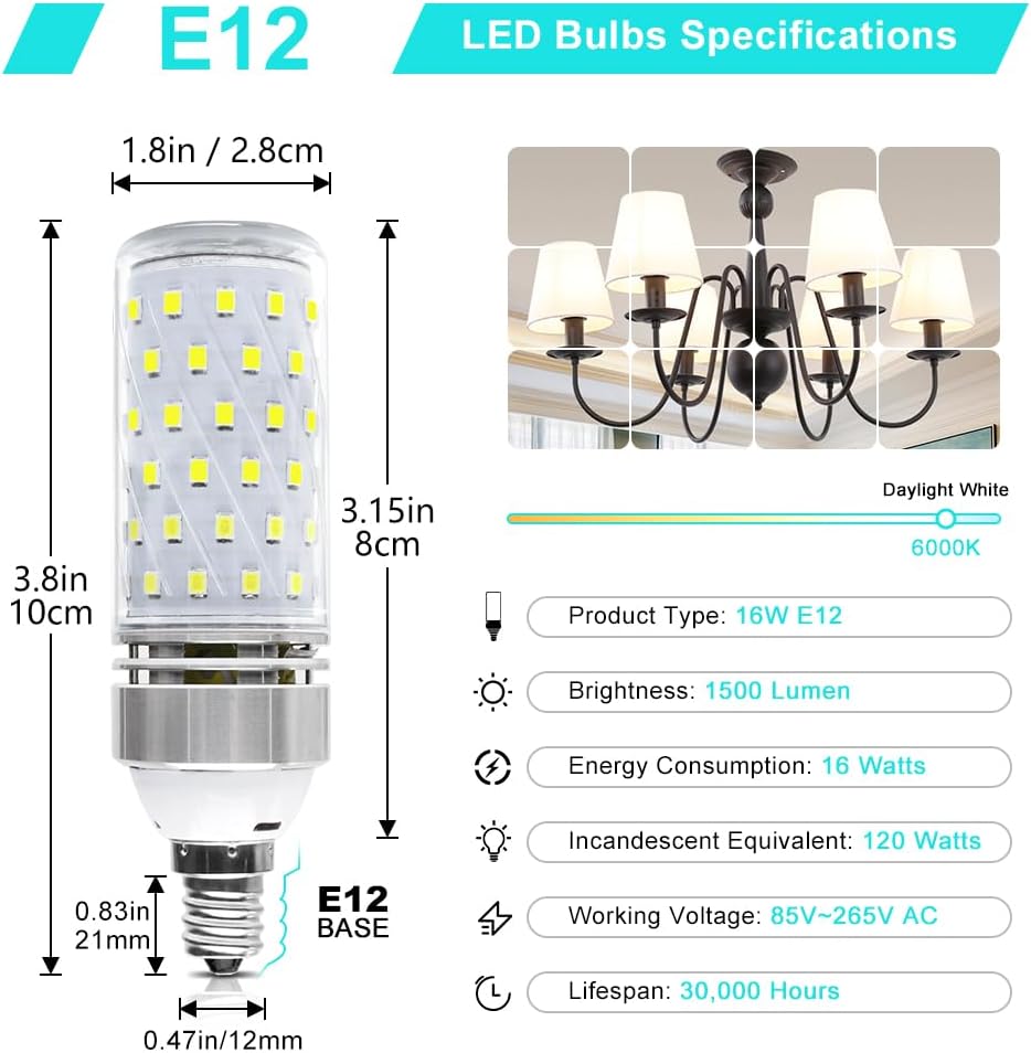 LEDLightsWorld Super Bright E12 LED Corn Bulbs, 16W 1500LM Bulbs, Daylight White 6000K Lights, CRI80+, 120W Incandescent Bulb Equivalent