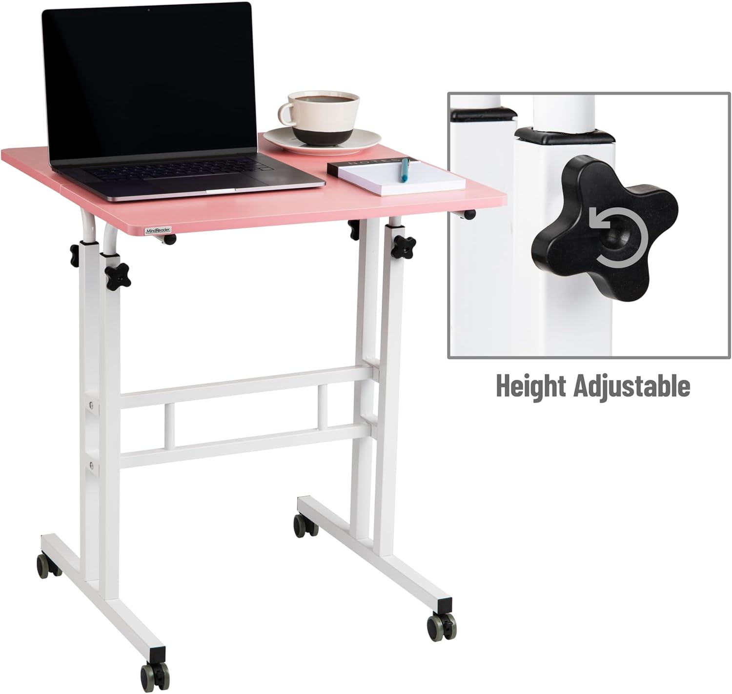 Mind Reader Standing Desk, Adjustable Height Laptop Workstation, Portable Rolling Desk on Wheels, Two-Tier Metal Frame, Black