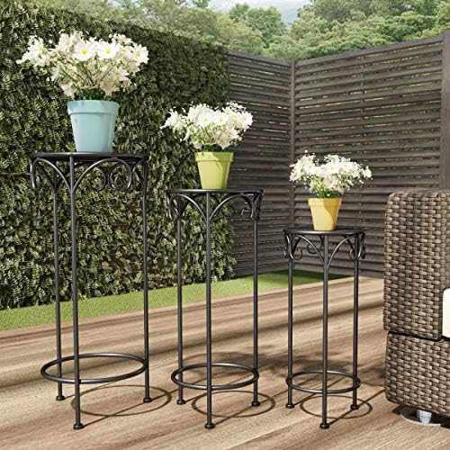 Pure Garden Plant Stand 3-Tier Vertical Shelf Indoor or Outdoor Folding Wrought Iron Home Garden Display with Laser Cut Shelves (Antique White)