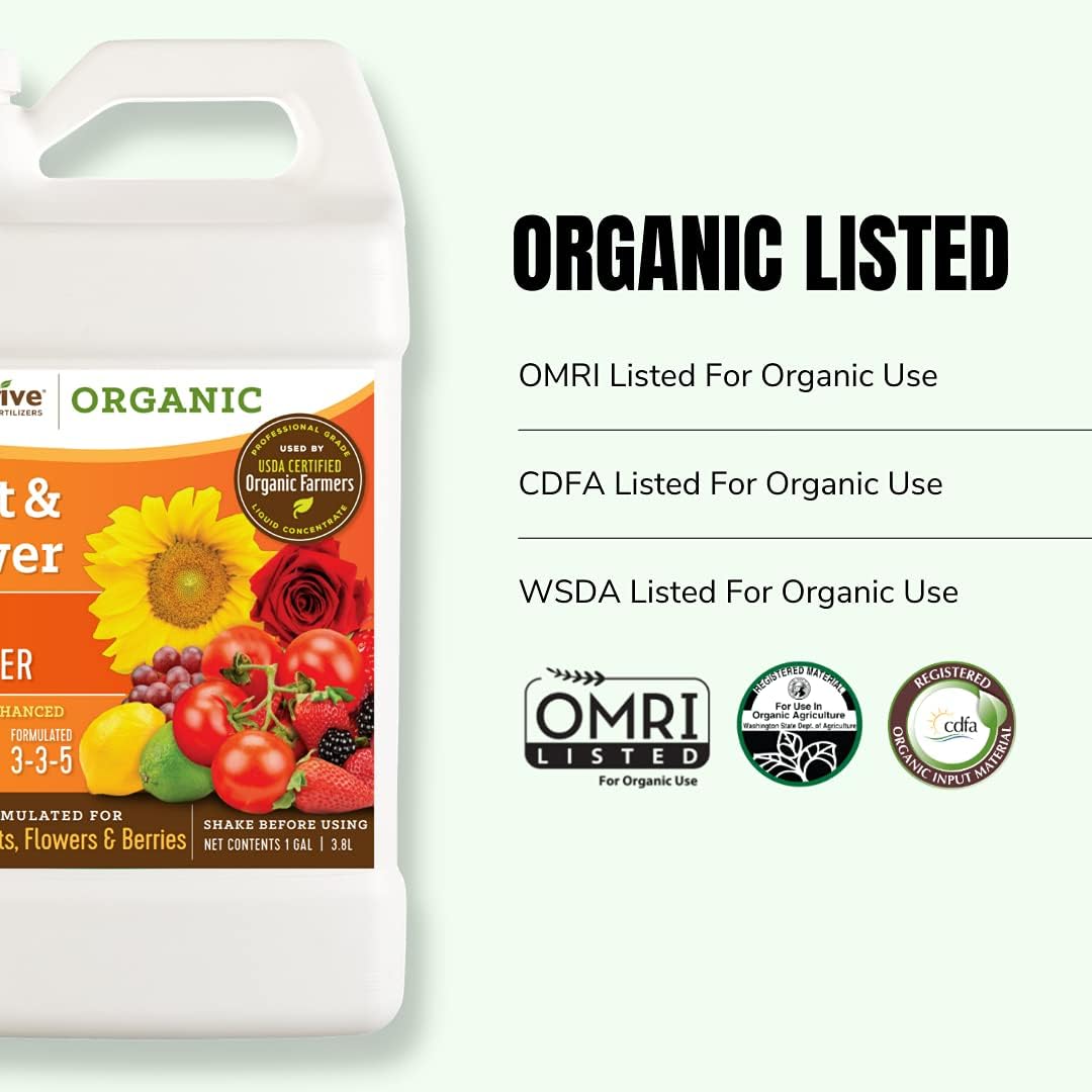 AgroThrive Fruit and Flower Organic Liquid Fertilizer - 3-3-5 NPK (ATFF1128) (1 Gal) for Fruits, Flowers, Vegetables, Greenhouses and Herbs