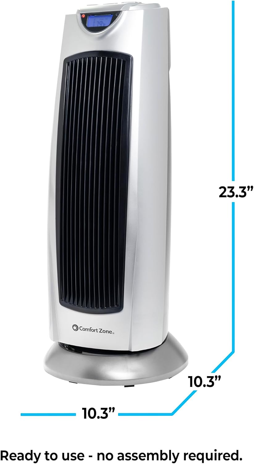 Comfort Zone Electric Oscillating Ceramic Tower Space Heater, Remote, Backlit Digital Thermostat & Temperature Display, Timer, & Overheat Sensor