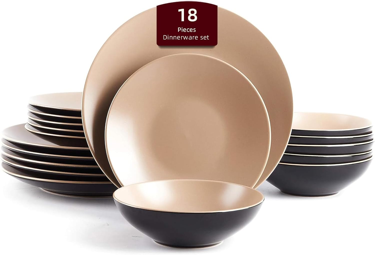 Stoneware Two-Tone Colors Life 16pc Dinner Set，Outside Shiny Black + Inside Matte Glaze Olive