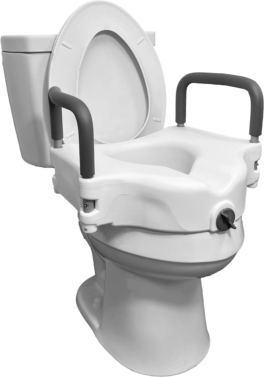 ProBasics E-Z Lock Raised Toilet Seat with Handles, 4.5" Toilet Seat Riser with Arms, Fits Most Elongated and Round Toilets, 17" Seat Width & Height