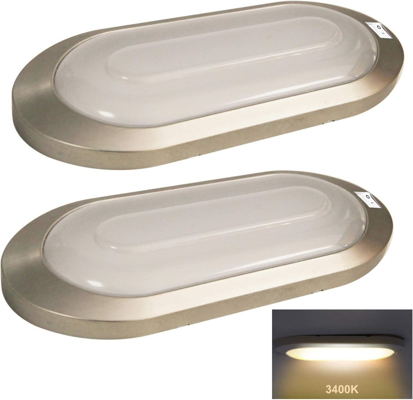 Facon 12V LED Bright RV Pancake Light Surface Mount - 2 Pack, DDS01-008, 12Volt Interior Light with Switch, for RV Motorhomes Camper Caravan Trailer Boat, 3400K
