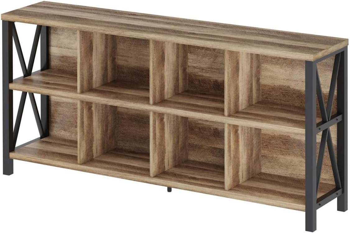 FATORRI 8 Cube Storage Organizer Bookshelf, 62 Inch Wood Horizontal Bookcase, Farmhouse Cube Long Book Shelf